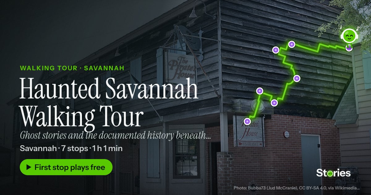 Haunted Savannah Walking Tour: walking tour in Savannah, a photo of The Pirates' House with the route of all 7 stops