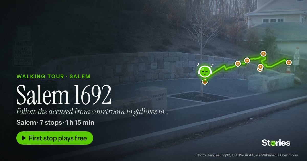 Salem 1692: walking tour in Salem, a photo of Proctor's Ledge Memorial with the route of all 7 stops